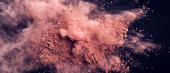 Matte finish powders captured flying in explosion scattering cosmetic, with a background premium luxury, framed in a classic styles and sharpen closeup shot