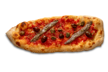 Mini boat-shaped pizza with tomato sauce, anchovies and olives and capers isolated
