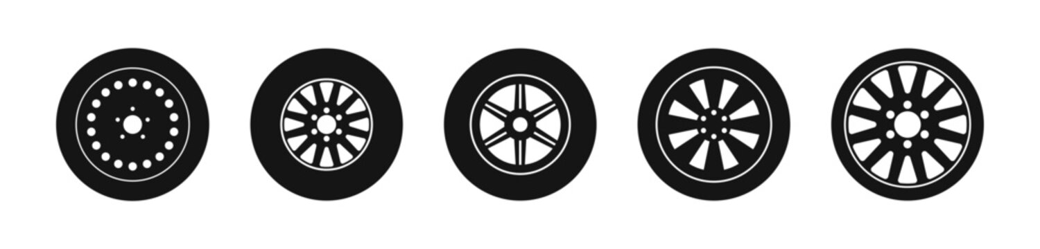 Car wheel vector icons. Automobile wheels black flat icon set.