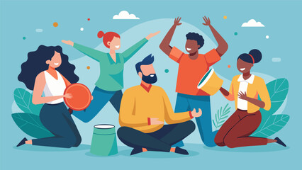 A group of coworkers taking a break from their hectic work day and participating in a drum circle feeling united and destressed through the power of.