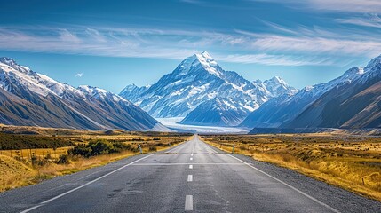 Fototapeta premium Road leading to a snowcapped mountain in a beautiful landscape scenery, travel concept background.