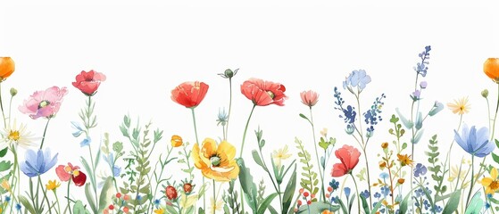 Watercolor of flower showcasing a field of wildflowers in Japan draw art styles, clipart watercolor easy detail on white background
