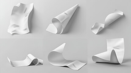 Flying paper sheet in different angles of view. Realistic 3d vector illustration set of curve white blank pages in air. Falling document or letter mockup. Empty curl note and leaflet chaotic float.