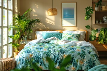 Warm golden sunlight floods a bedroom adorned with a floral bedspread and lively green plants