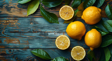 Fresh lemons on blue wooden table