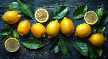 Fresh lemons on blue wooden background