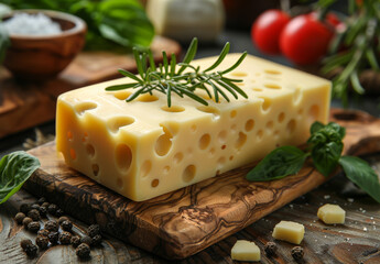 Piece of cheese with rosemary and pepper on the wooden board