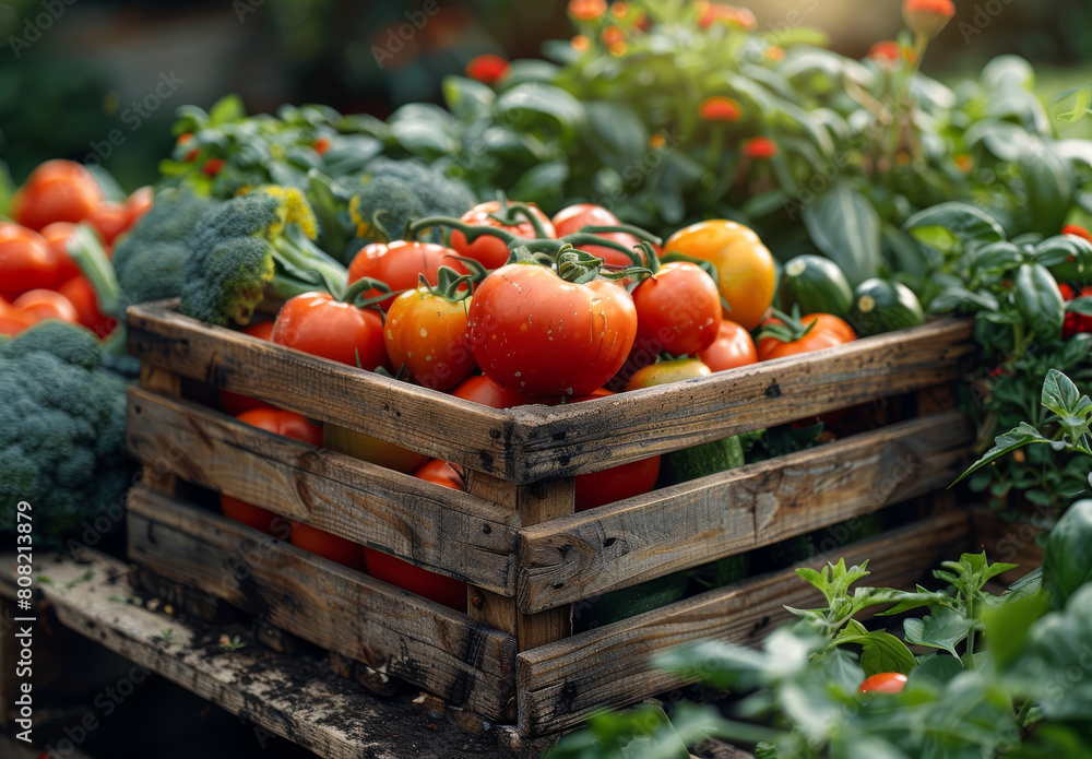 Wall mural Wooden crate with tomatoes and different types of green and red vegetables in the garden