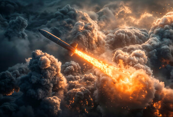Nuclear missile flying over a cloud of smoke and dust. Concept of Armageddon and nuclear war