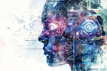 Watercolor of technology featuring an artificial intelligence interface in cyberpunk styles, clipart watercolor easy detail on white background