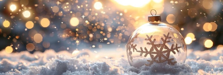 Fototapeta premium Snowflake Bauble on Snowy Evening