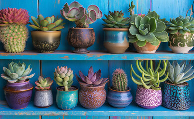 Collection of colorful succulents, each in different textured pots, arranged on a vibrant blue shelf. 