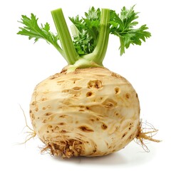 A fresh celeriac root with its knobby texture, isolated on a white background