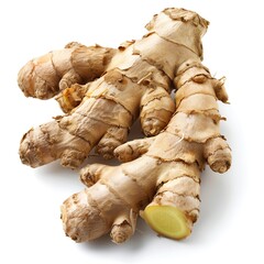 A fresh ginger root with a knotted appearance, isolated on a white background