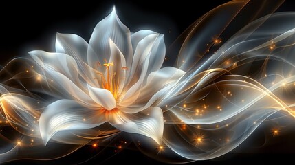 Large White Flower With Gold Swirls on Black Background