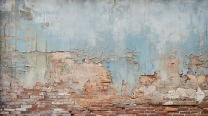 A weathered brick wall with peeling paint and visible texture, showcasing the passage of time and history