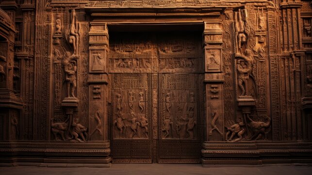 Massive bronze doors of Roman temple adorned with intricate relief carvings