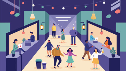 A mall hosts a special sensoryfriendly event during quiet hours with dimmed lights quiet music and designated areas for shoppers to take a break from. Vector illustration