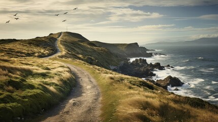 Roman road in coastal region with crashing waves and seagulls