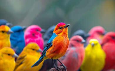 Obraz premium Brightly colored bird among a group of more subdued, similarly colored birds. 
