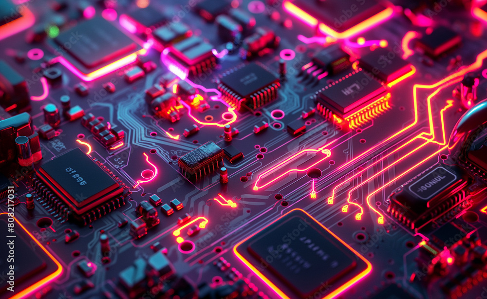 Poster neon glow: macro view of a circuit board