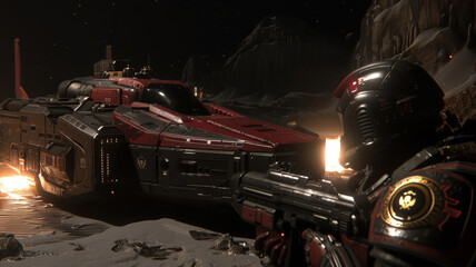 A man in a black suit is holding a gun and looking at a red spaceship