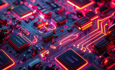 Fototapeta premium Neon Glow: Macro View of a Circuit Board