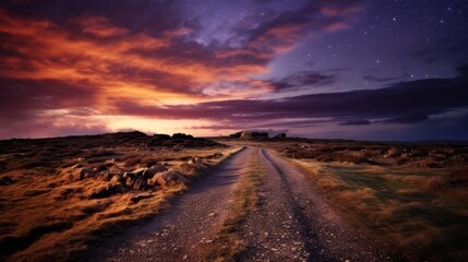 Roman road in cosmic storm with swirling galaxies and stars