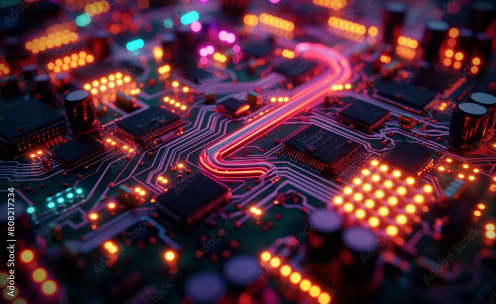 Poster neon glow: macro view of a circuit board