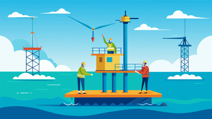 Despite the constantly changing tides and currents the floating platform remains steady as construction workers use precision tools to complete the. Vector illustration