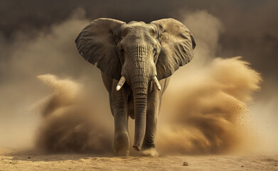 Elephant charging across the savannah.