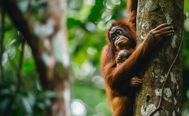 Fototapeta premium Orangutan climbing a tree, carrying its young.