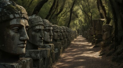 Roman road surrounded by colossal stone heads of Roman emperors overseeing
