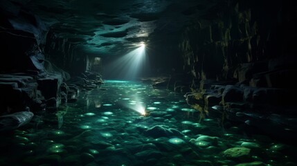 Roman road submerged in a subterranean river with radiant fish swimming below