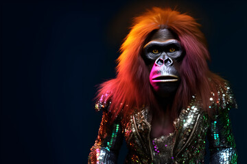 Creative animal concept. Orangutan orangutang in disco neon glitter glam shiny glow sequin outfit, copy text space. commercial, editorial advertisement party invitation invite, surreal	
