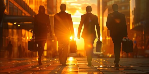 Business team in tailored suits walking in city with briefcases after work. Concept Professional Attire, Cityscape Setting, Business Team, After Work, Briefcases,