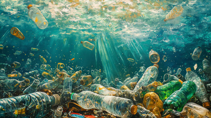 A painting of a sea filled with plastic bottles