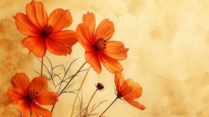 Painting of Orange Flowers on Beige Background