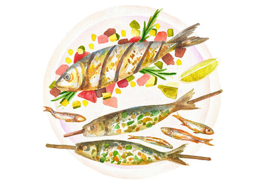 Watercolor painted baked fish. Hand drawn fresh seafood design elements isolated on transparent background.