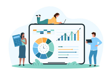 Software for data analysis, marketing analytics and statistics report in mobile app. Tiny people analyzing infographic graphs and charts performance on tablet screen cartoon vector illustration