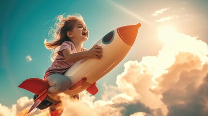 The side view of the picture that has the child flying into the bright sky with the flying object that has been called the rocket yet the size of a rocket so small but it size same with child. AIGX03.