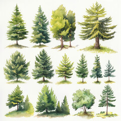 Fototapeta premium A set of twelve different types of trees, including pine, spruce, and fir trees