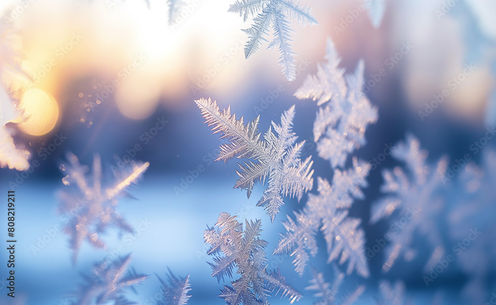 Poster frost patterns on a windowpane during a chilly morning.