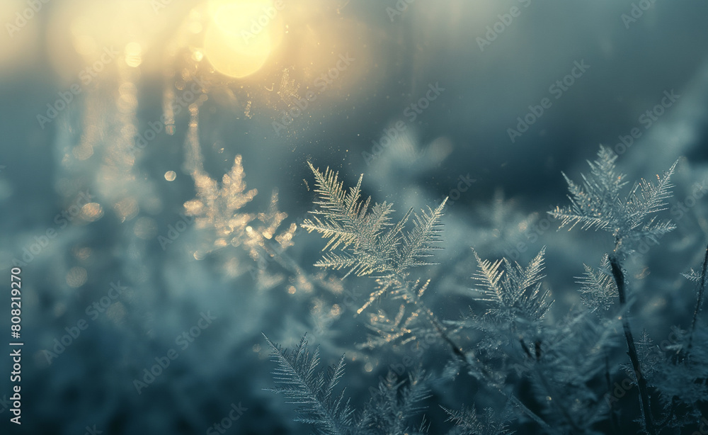 Poster frost patterns on a windowpane during a chilly morning.