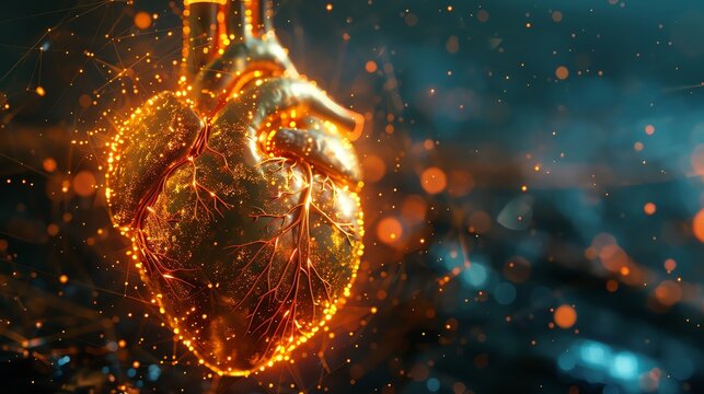A vibrant scene showing a digital heart pulsating with gold light in a matrix of neon grids
