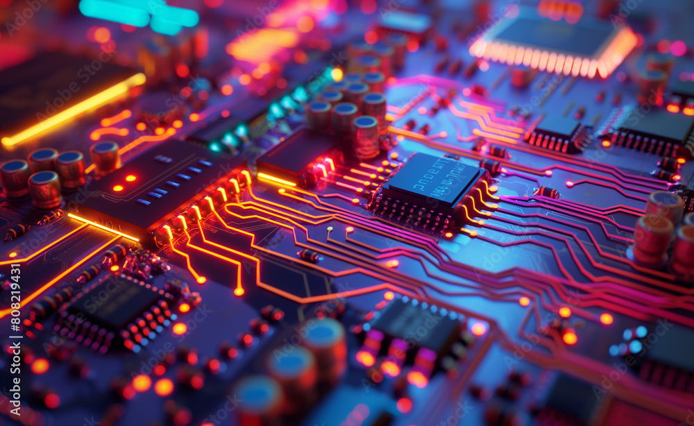 Poster neon glow: macro view of a circuit board
