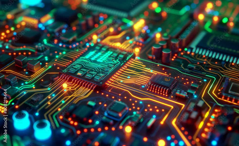 Poster neon glow: macro view of a circuit board