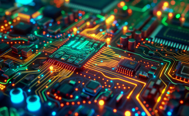 Obraz premium Neon Glow: Macro View of a Circuit Board