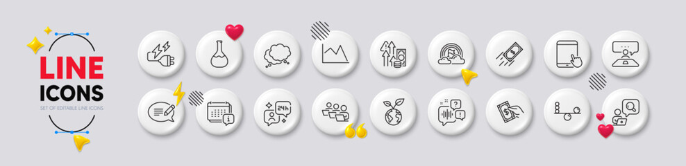 Save planet, Tablet pc and Inspect line icons. White buttons 3d icons. Pack of Calendar, Pay money, Consulting icon. Speech bubble, Inflation, Interview job pictogram. Vector