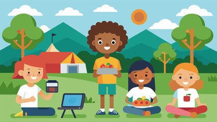 A summer camp offers a digital storytelling program for kids to create videos about food insecurity and promote solutions to end hunger in their. Vector illustration